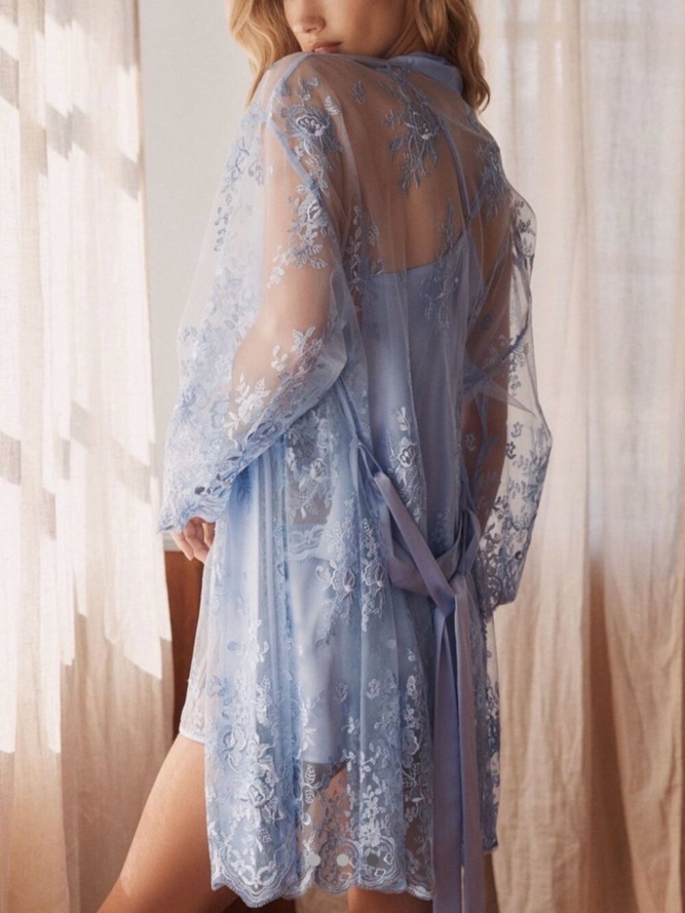 Rya Collection Darling Short Lace Cover-Up Robe Cornflower Blue M/L